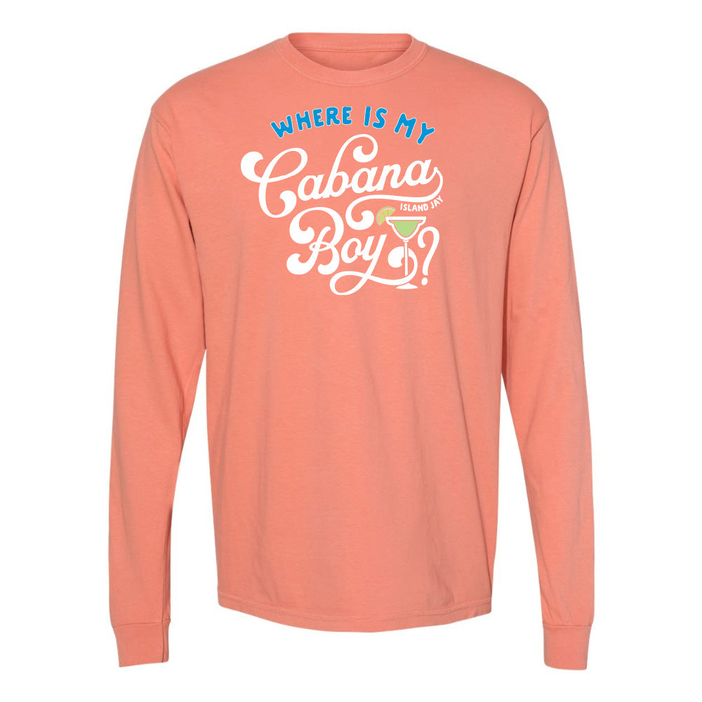 Coral long-sleeve shirt with text design on a white background
