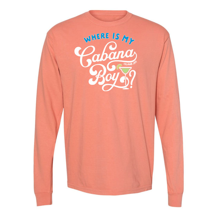 Coral long-sleeve shirt with text design on a white background