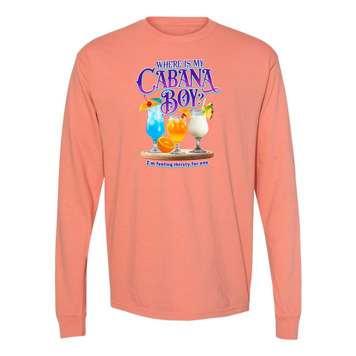 Coral long-sleeve shirt with tropical drink graphic and text on a white background
