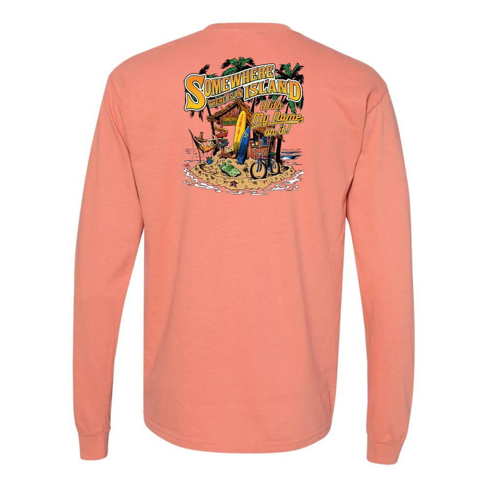 Peach long-sleeve shirt with a tropical graphic on a white background