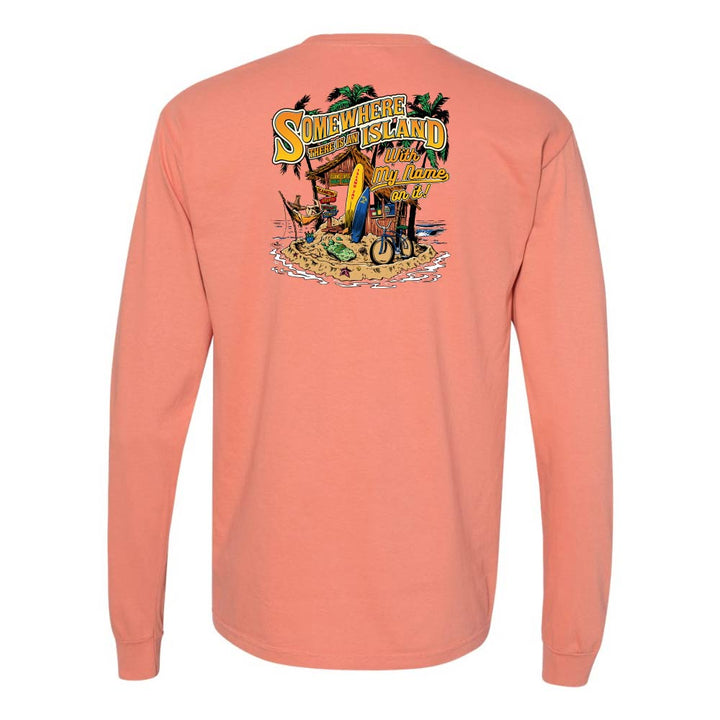 Peach long-sleeve shirt with a tropical graphic on a white background