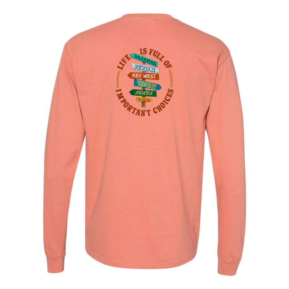 Peach long-sleeve shirt with colorful graphic on the back
