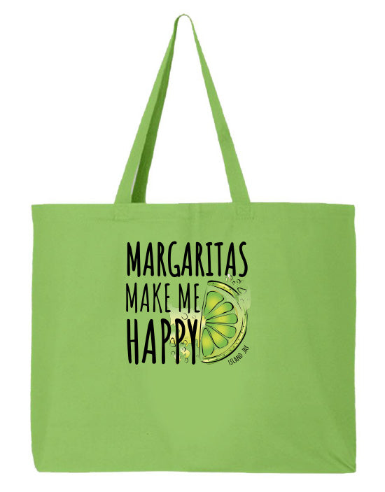 Green tote bag with 'Margaritas Make Me Happy' text and lime graphic on a white background