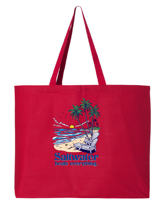 Red tote bag with a beach graphic and 'Saltwater heals everything' text on a white background