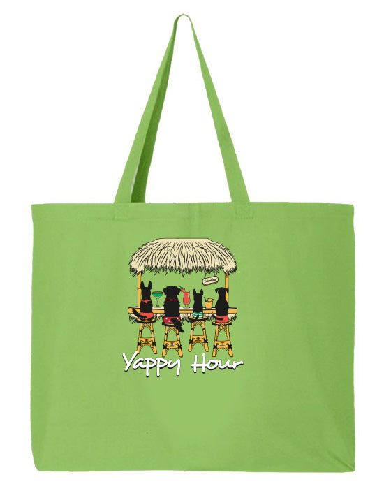 Green tote bag with 'Yappy Hour' design featuring dogs at a bar on a white background