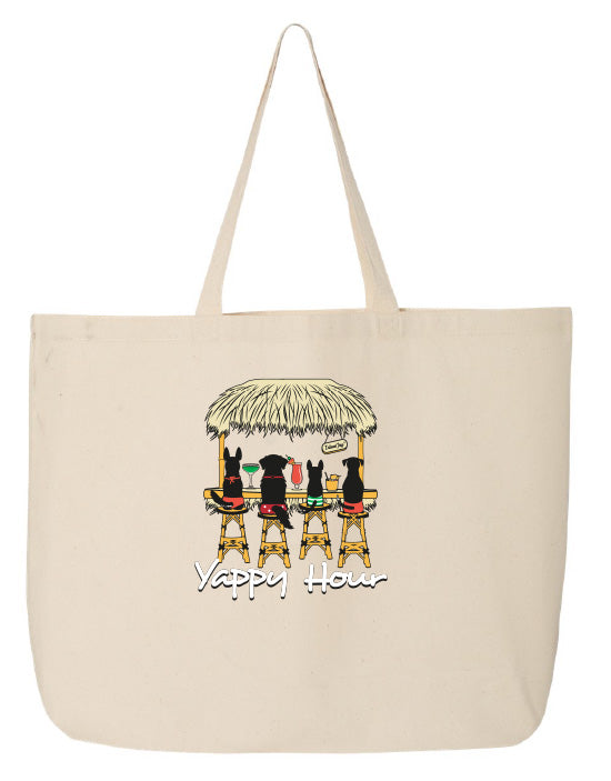 Beige tote bag with a graphic of dogs at a bar and 'Yappy Hour' text on a white background