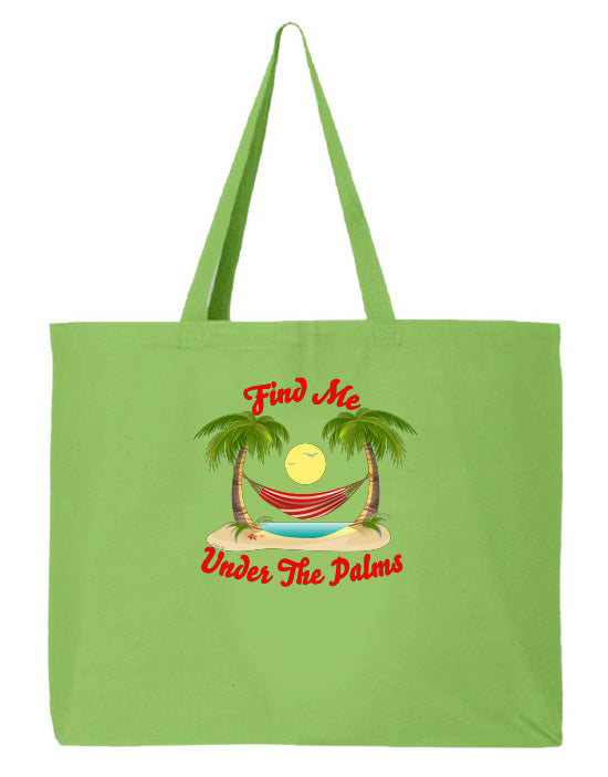 Green tote bag with palm tree and hammock design on a white background