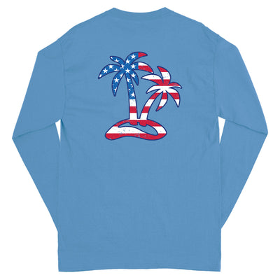 Tropical Americana USA Flag & Palm Tree Long Sleeve T-Shirt