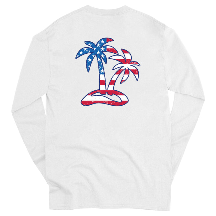 Tropical Americana USA Flag & Palm Tree Long Sleeve T-Shirt White