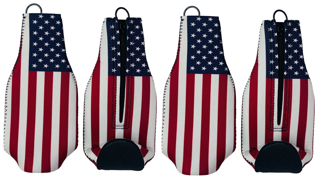 Four American flag-themed car seat covers on a white background