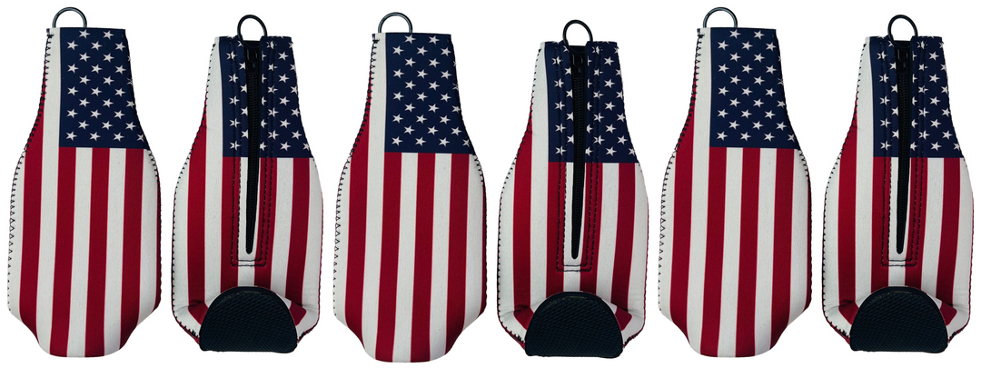 Set of five American flag-patterned bottle coolers with black bottoms.