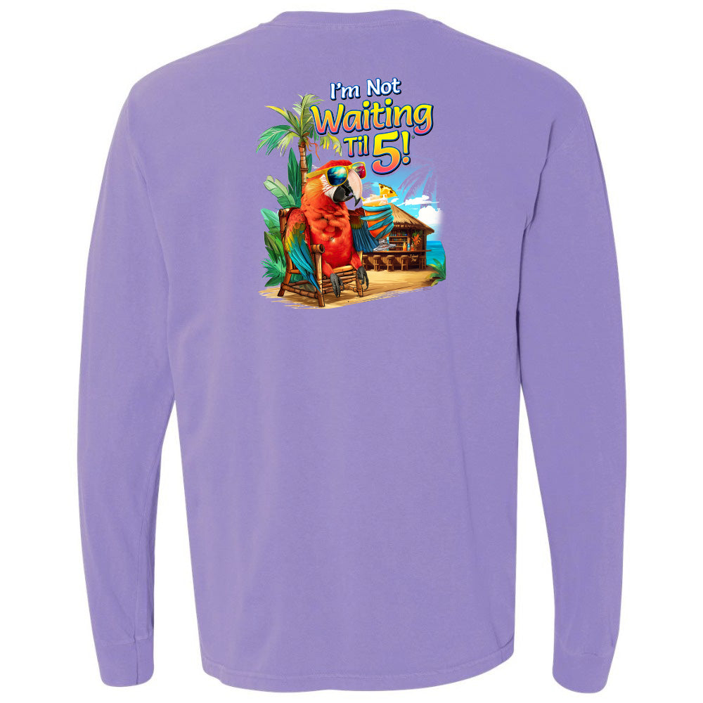 Purple long-sleeve shirt with a colorful graphic and text on the back, featuring a parrot and tropical elements.