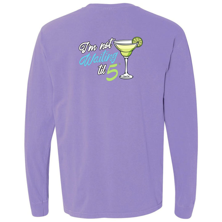 Purple long-sleeve shirt with a cocktail graphic and text on the back