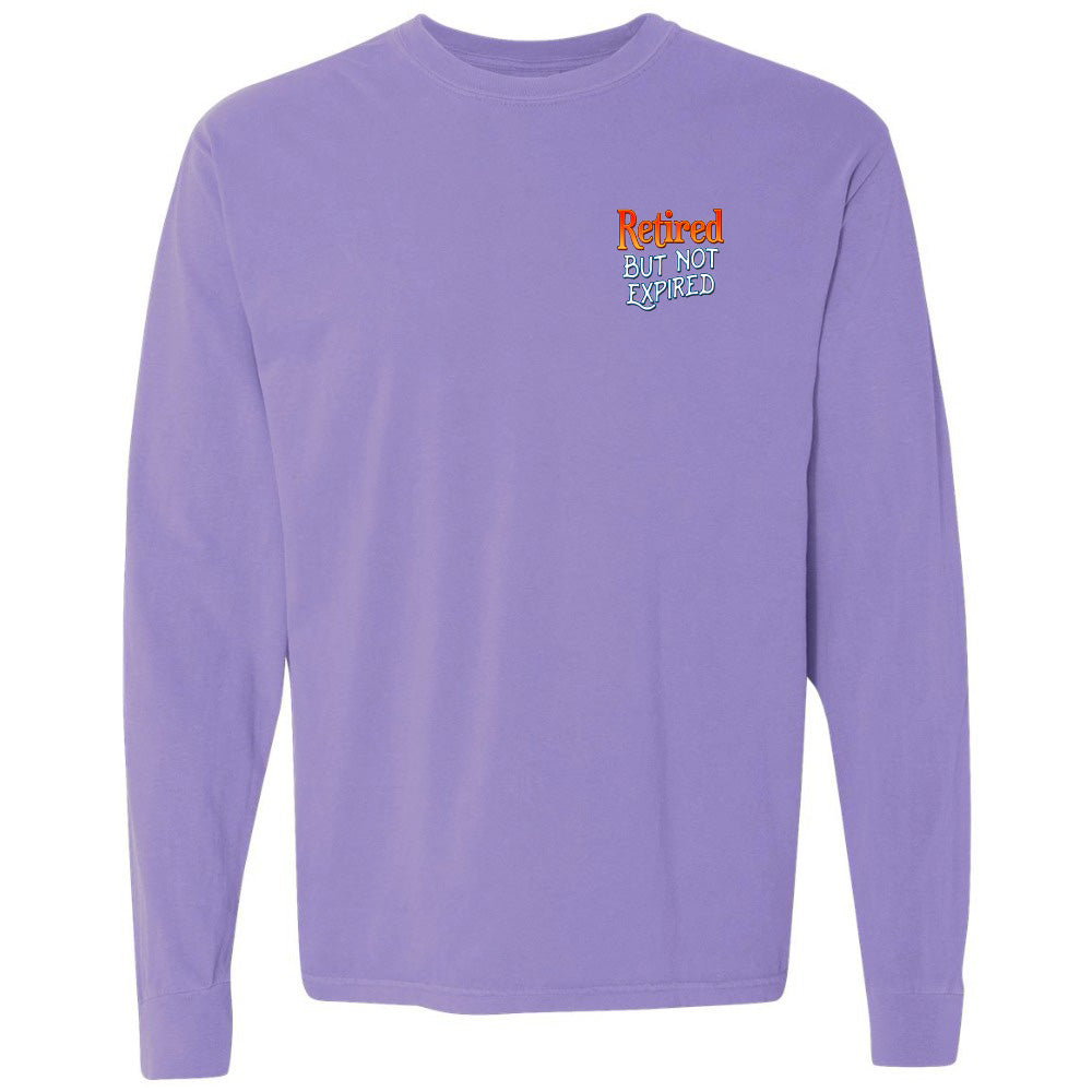 Purple long-sleeve shirt with 'Retired But Not Expired' text on a white background