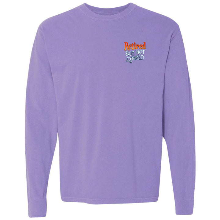 Purple long-sleeve shirt with 'Retired But Not Expired' text on a white background
