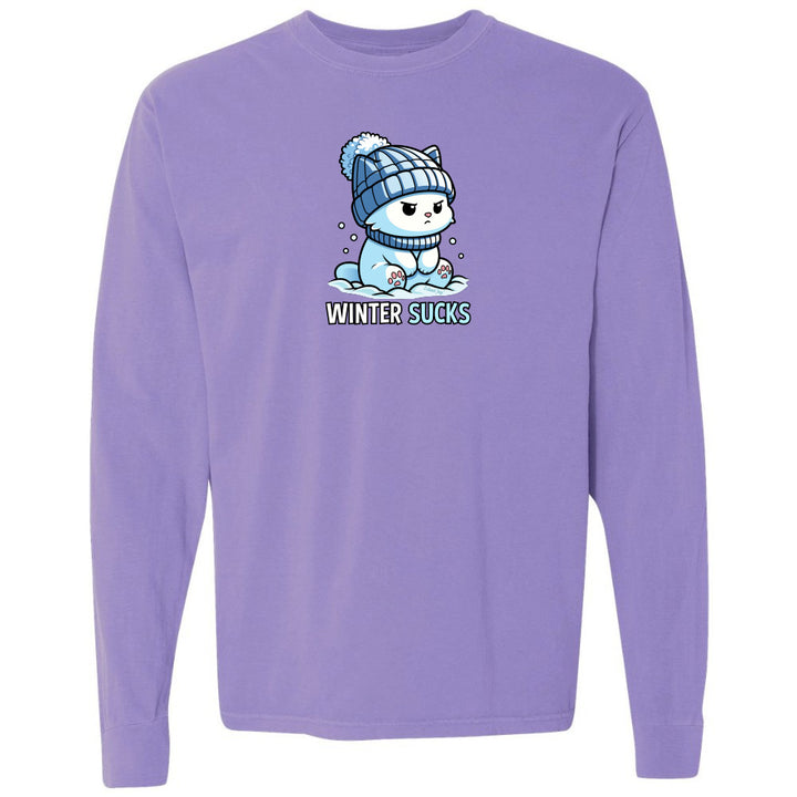 Purple long-sleeve shirt with a cartoon character and 'Winter Sucks' text on a white background