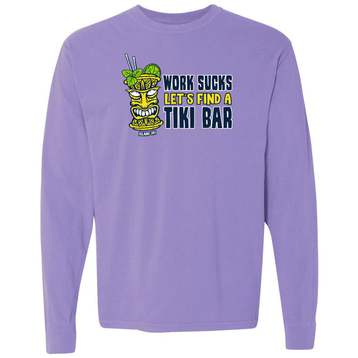 Purple long-sleeve shirt with a tiki bar graphic and text on a white background