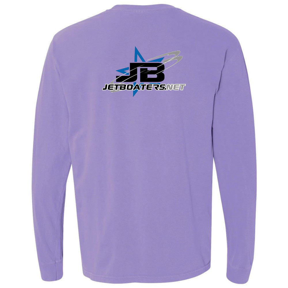 Purple long-sleeve shirt with a logo and text on the back against a white background