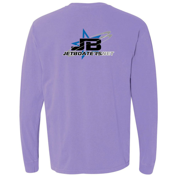 Purple long-sleeve shirt with a logo and text on the back against a white background