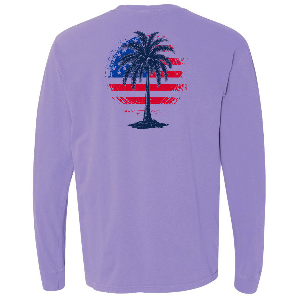 Purple long-sleeve shirt with a palm tree and American flag design on the back.