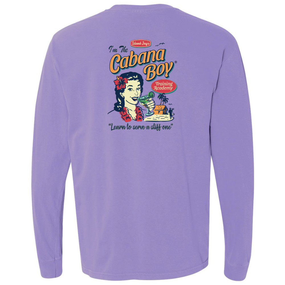Purple long-sleeve shirt with a graphic design on the back featuring a woman and text.