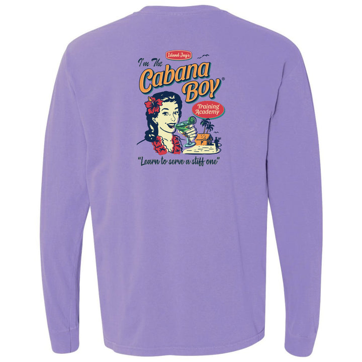 Purple long-sleeve shirt with a graphic design on the back featuring a woman and text.