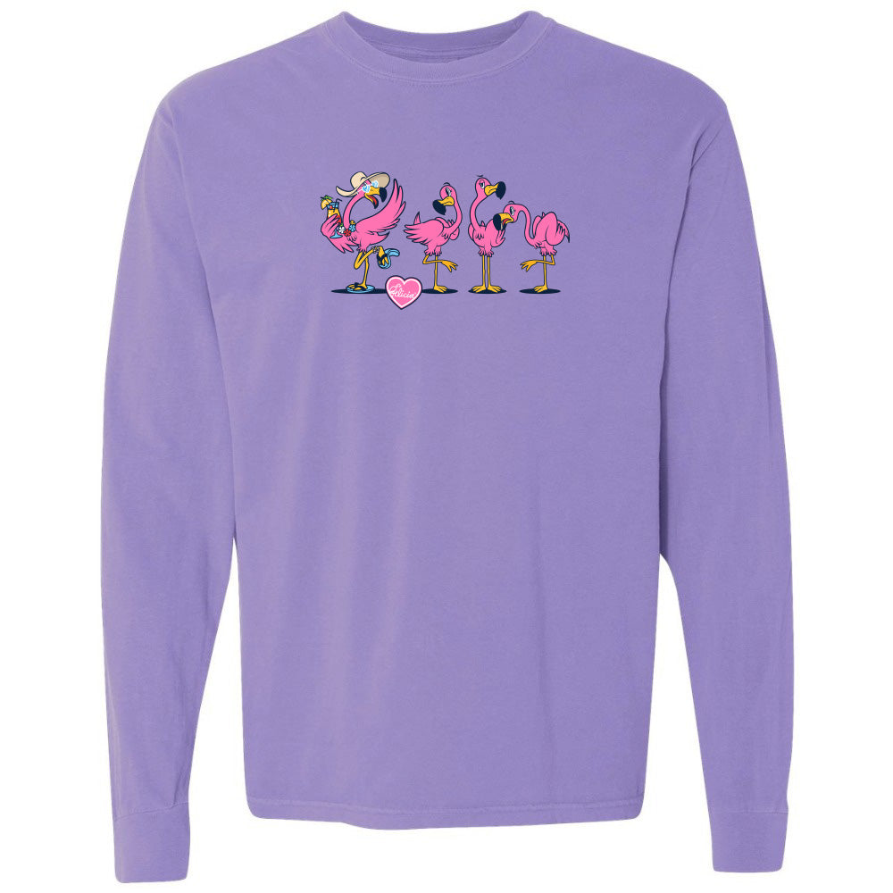 Purple long-sleeve shirt with cartoon flamingos design on a white background