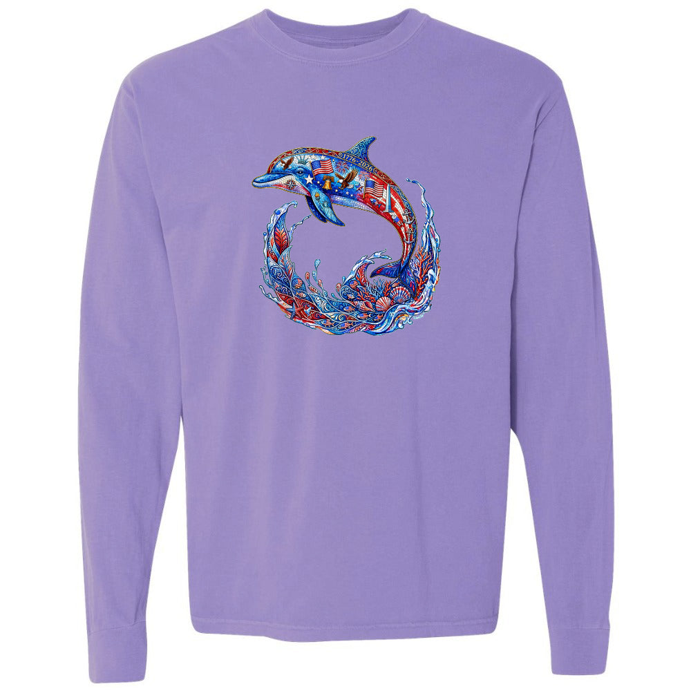 Purple long-sleeve shirt with a colorful dolphin design on a white background