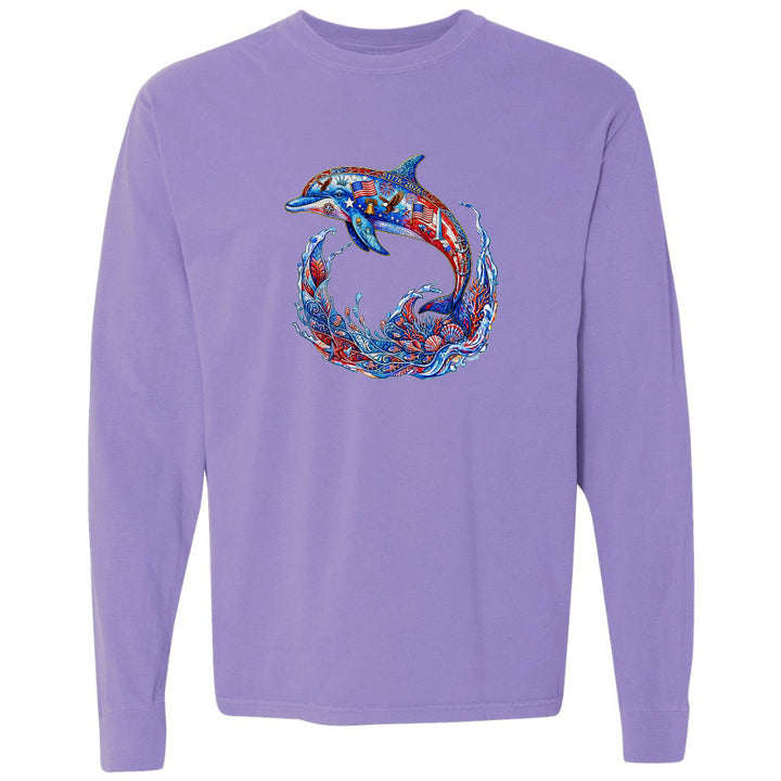 Purple long-sleeve shirt with a colorful dolphin design on a white background