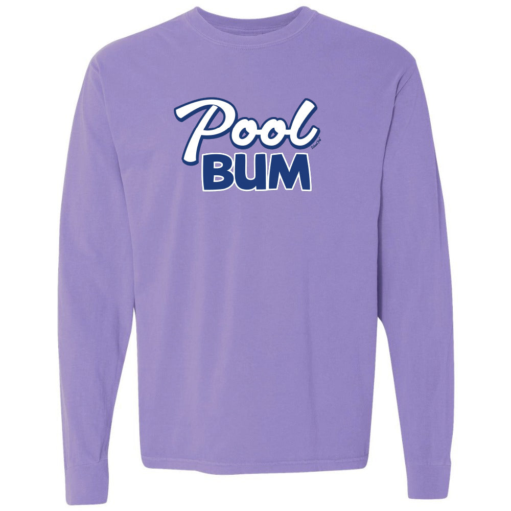 Purple long-sleeve shirt with 'Pool Bum' text on a white background