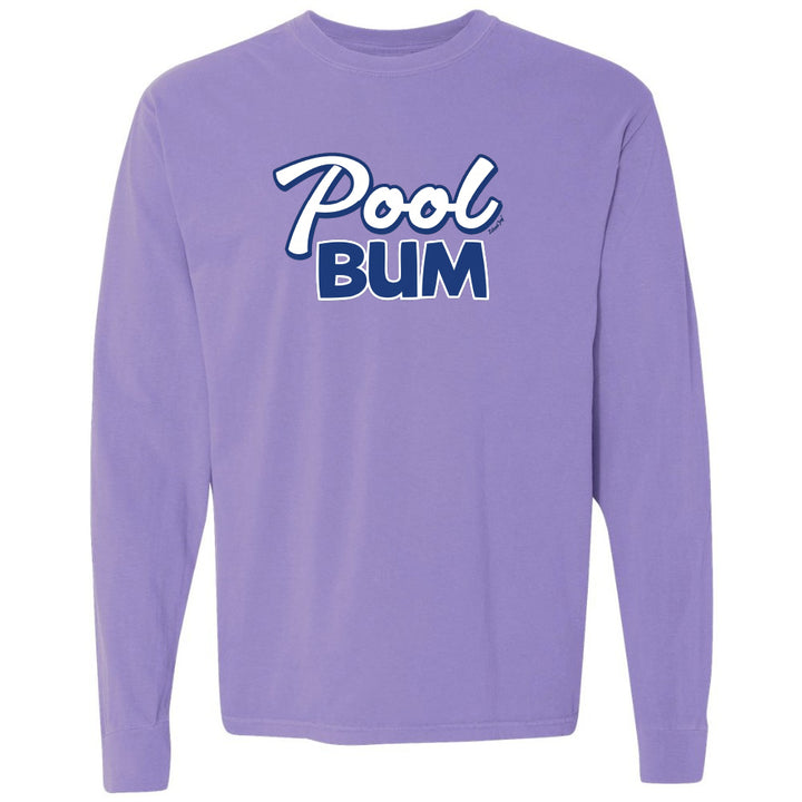 Purple long-sleeve shirt with 'Pool Bum' text on a white background