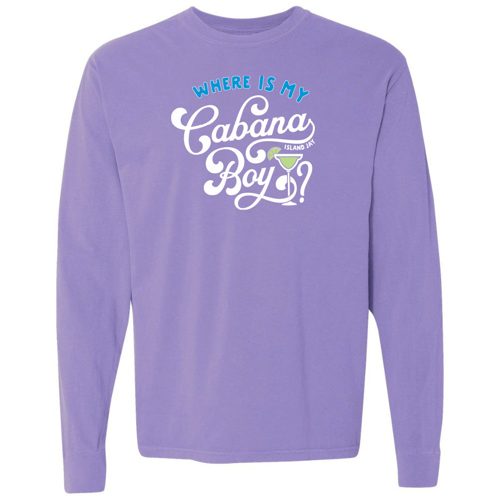Purple long-sleeve shirt with 'Where is my Cabana Boy?' text on a white background