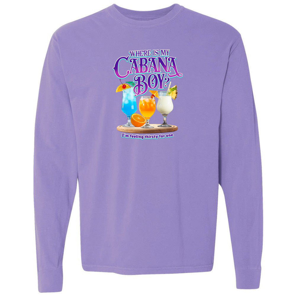 Purple long-sleeve shirt with 'Where is my Cabana Boy' graphic on a white background