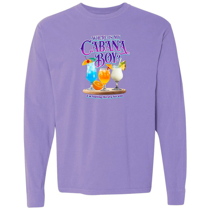 Purple long-sleeve shirt with 'Where is my Cabana Boy' graphic on a white background