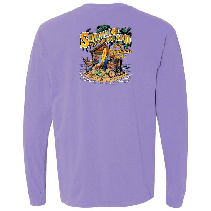 Purple long-sleeve shirt with a tropical island graphic on the back