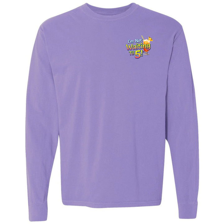 Purple long-sleeve shirt with a colorful graphic on the chest against a white background