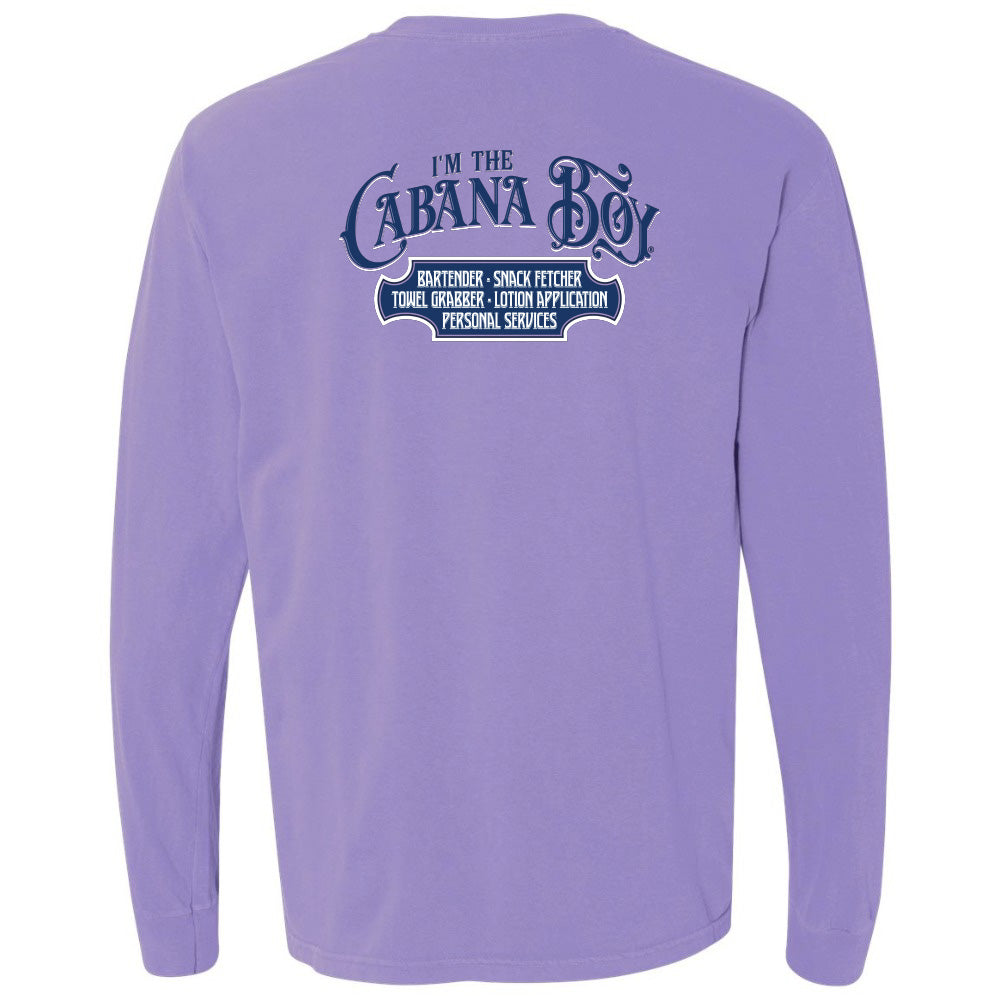 Purple long-sleeve shirt with 'I'm the Cabana Boy' text on the back against a white background