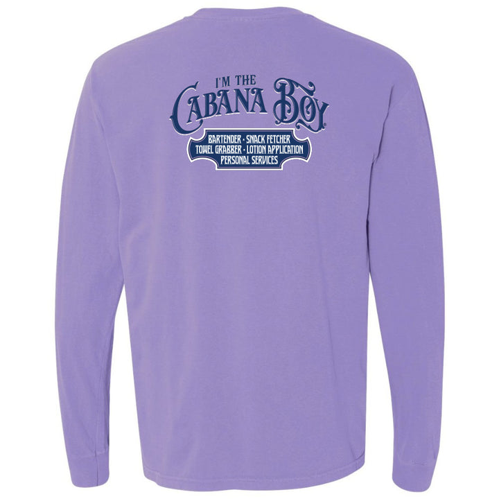 Purple long-sleeve shirt with 'I'm the Cabana Boy' text on the back against a white background
