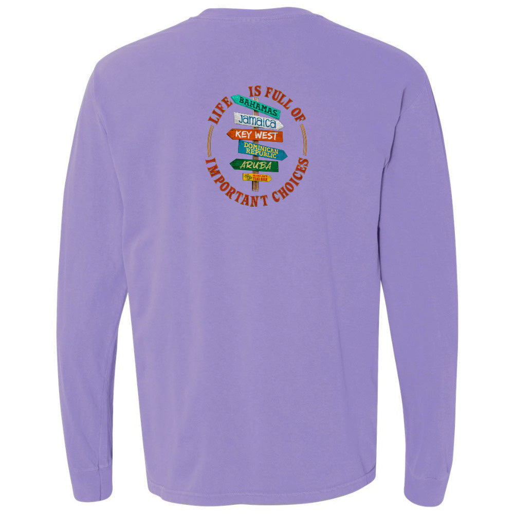 Purple long-sleeve shirt with colorful text design on the back 