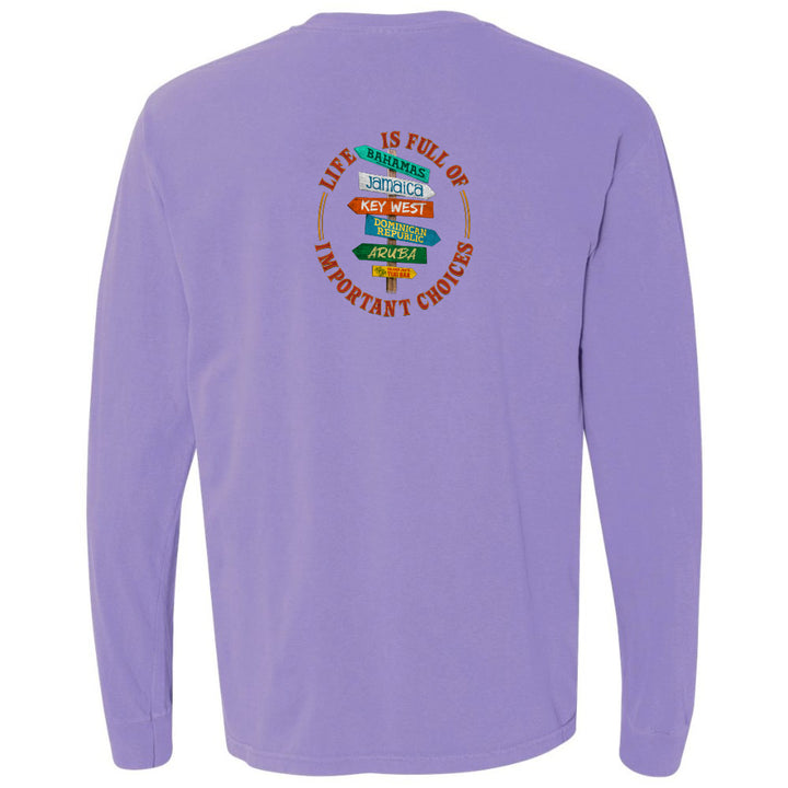 Purple long-sleeve shirt with colorful text design on the back 