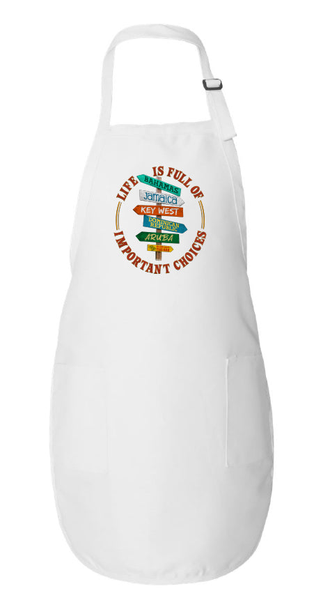 White apron with colorful graphic design on a white background