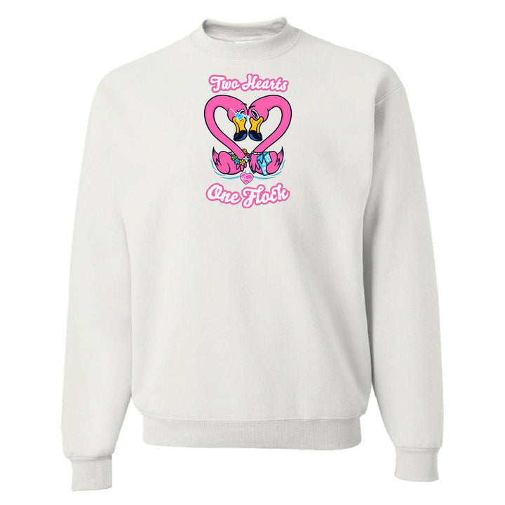 White sweatshirt with a colorful graphic design on a white background