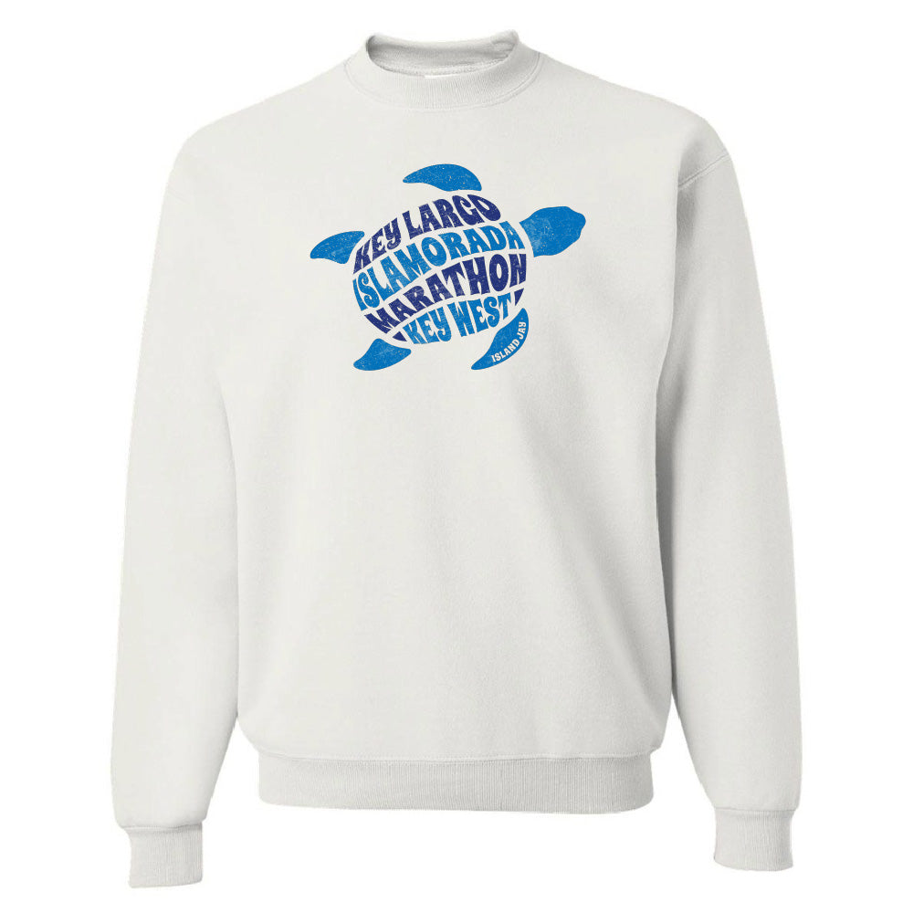 White sweatshirt with blue turtle design and text on a white background