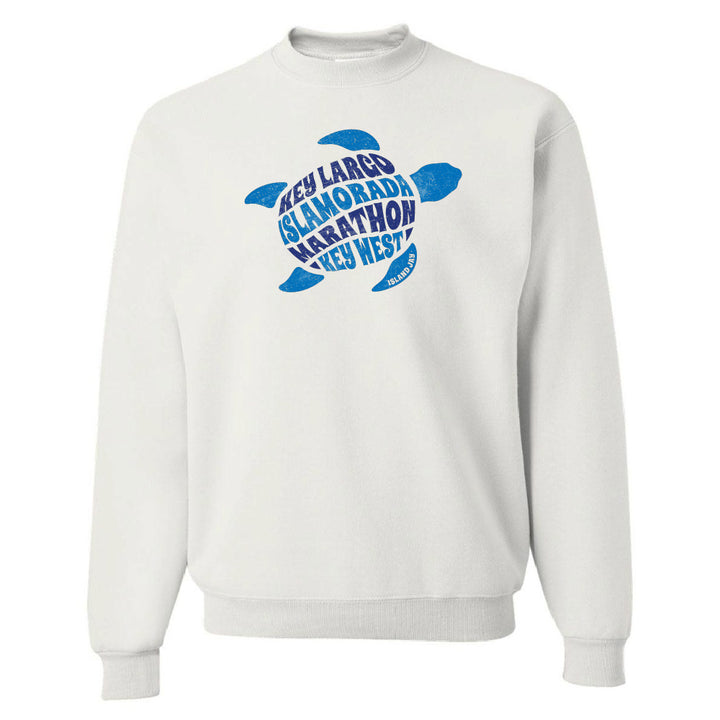 White sweatshirt with blue turtle design and text on a white background