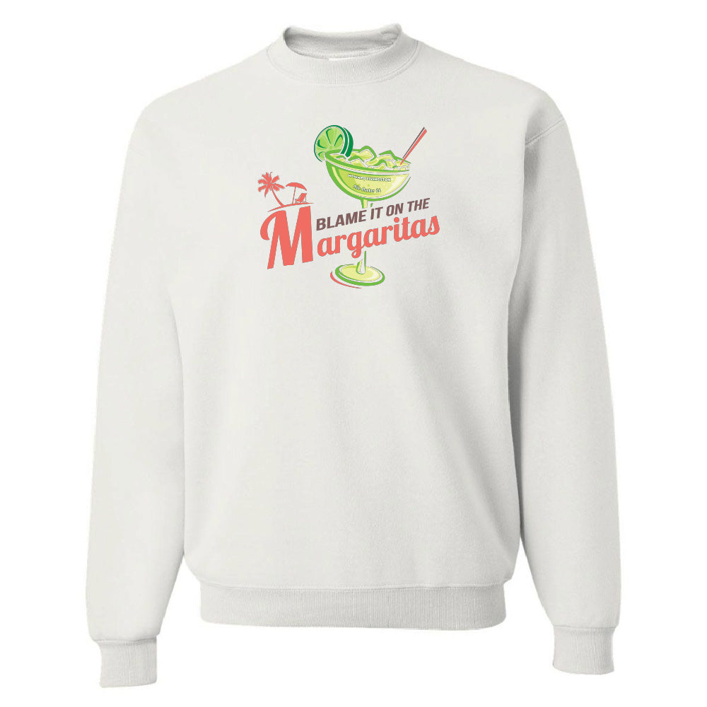 White sweatshirt with a graphic design of a margarita glass and text on a white background