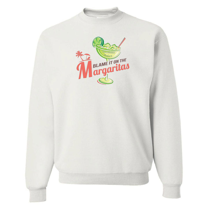 White sweatshirt with a graphic design of a margarita glass and text on a white background