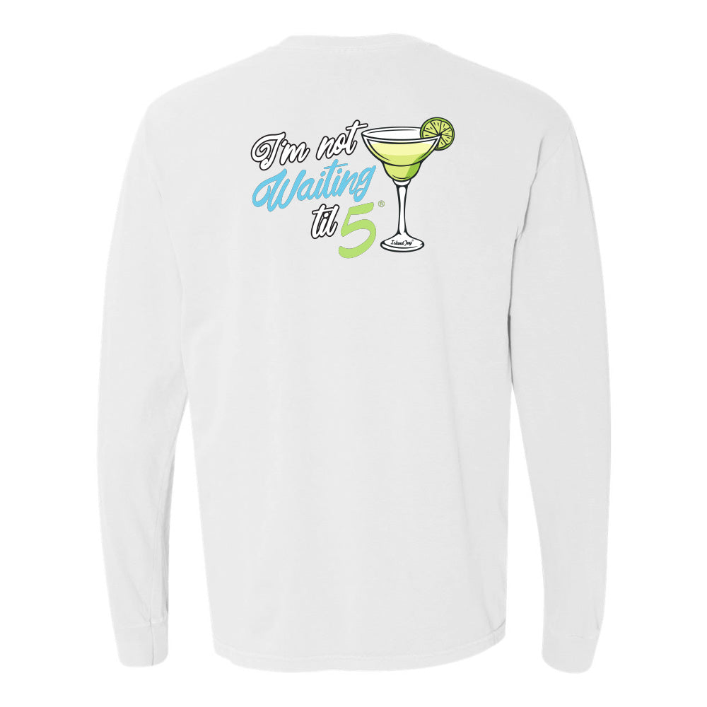 White long-sleeve shirt with a graphic design on the back featuring a cocktail and text.