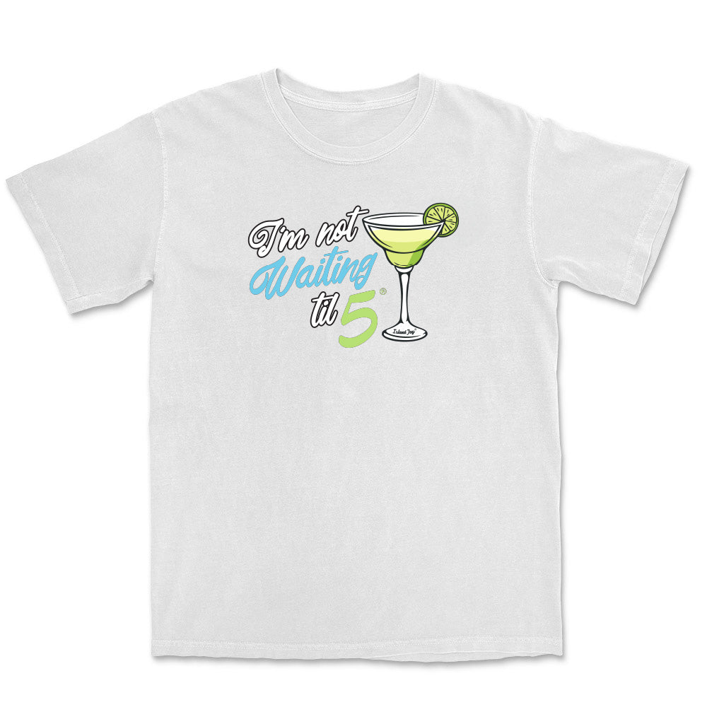 White t-shirt with a cocktail graphic and text on a white background