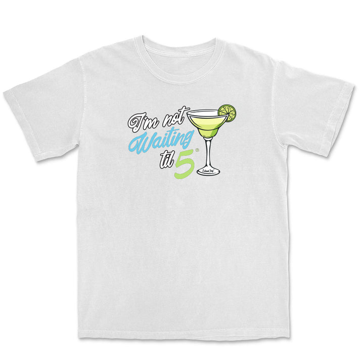 White t-shirt with a cocktail graphic and text on a white background