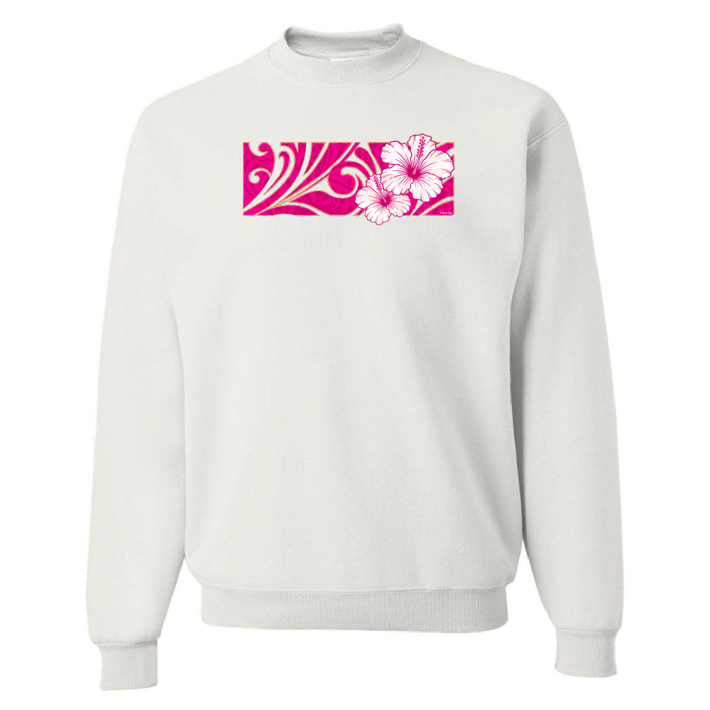 White sweatshirt with pink floral design on a white background